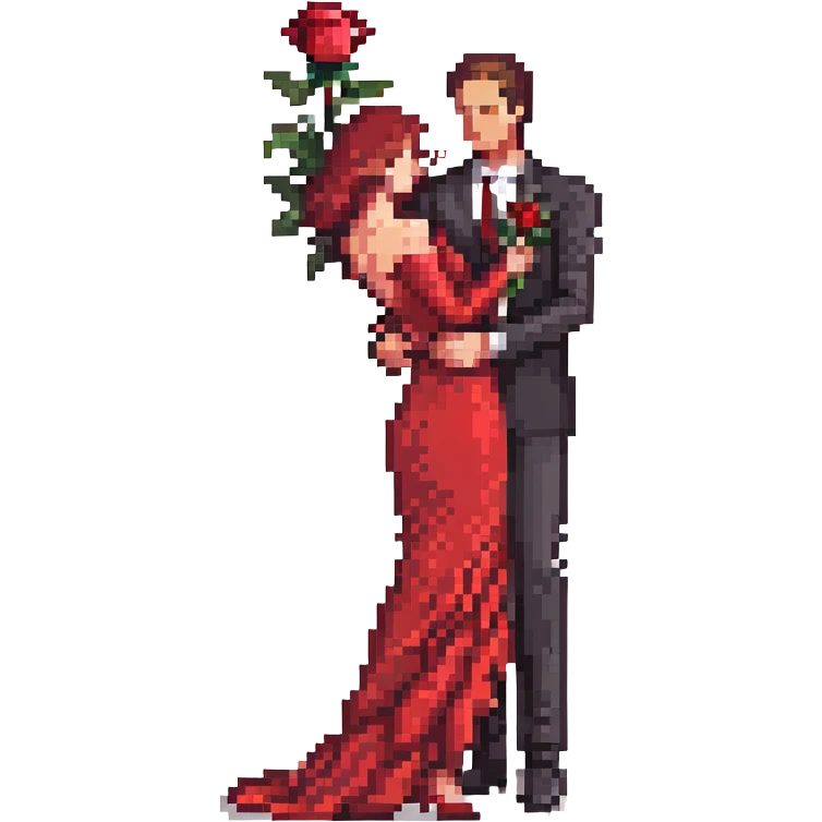pixel art of a romantic couple dancing the Spanish tango, man in black suit with red rose on chest, woman in flowing red dress with one leg extended in dramatic tango pose, close embrace, expressive movements, classic tango elegance, small pixel art style, emoji size, cute and vibrant emoji