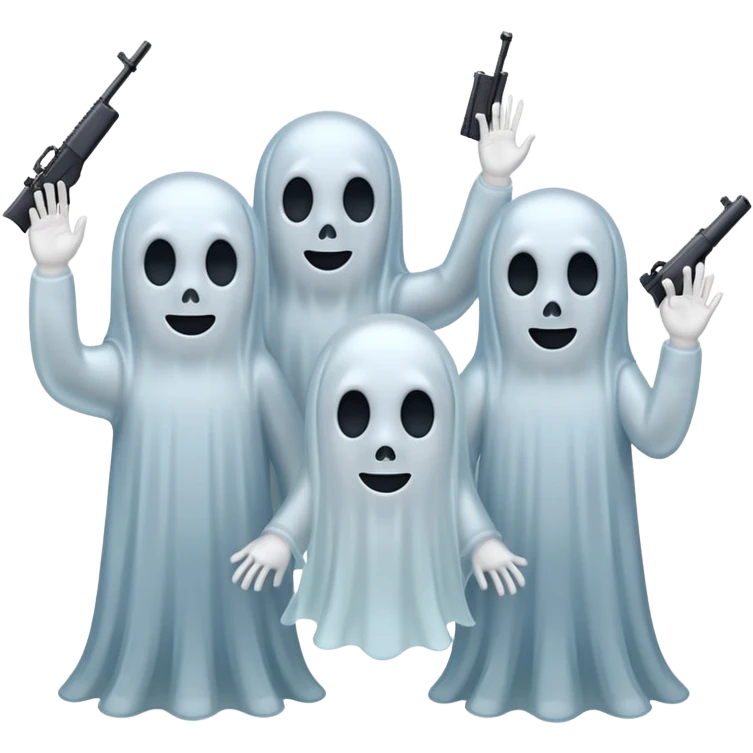 Fantasmas con un fusil y haciendo hola y chao con la manos emoji