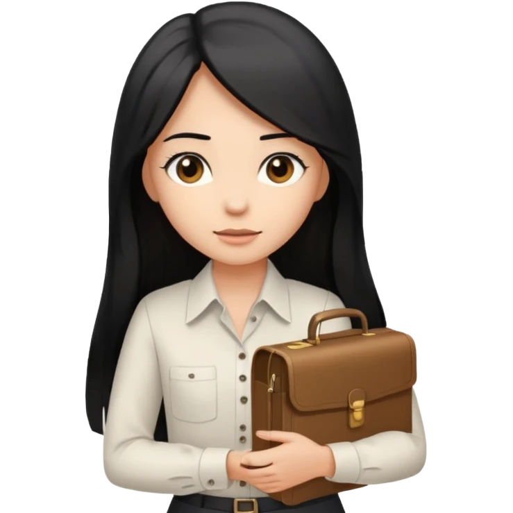 a light tan woman with long black hair past mid-back, round brown eyes, white button up shirt. holding manila case files in her hands. emoji