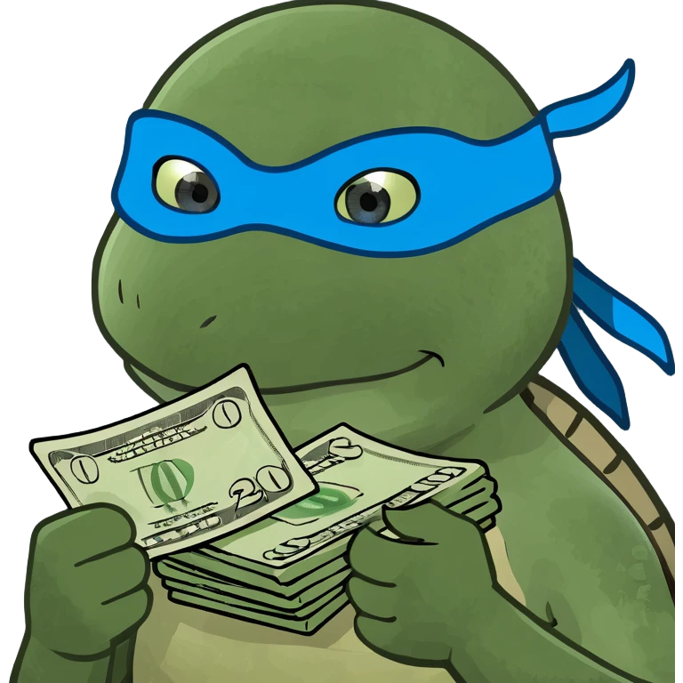 ninja turtle wearing blue eye mask with money emoji