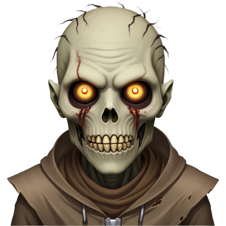 Cinematic Realistic WoW undead civilian Portrait, head tilted epicly and inquisitively, showcasing grim resilience and defiant strength. His withered, pallid skin and intense, glowing eyes contrast starkly with his worn, earth-toned clothes, rendered in meticulous detail. With dynamic, high-contrast lighting and high shine, this portrait exudes an epic aura, capturing the relentless will of a battle-hardened undead civilian. emoji