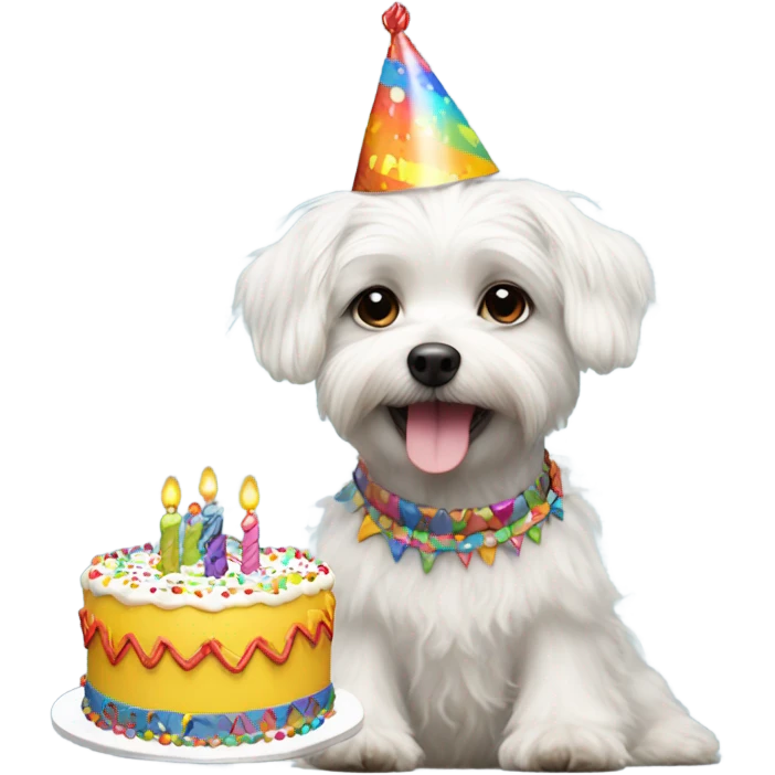 White male small dog wearing birthday hat with a cake  emoji