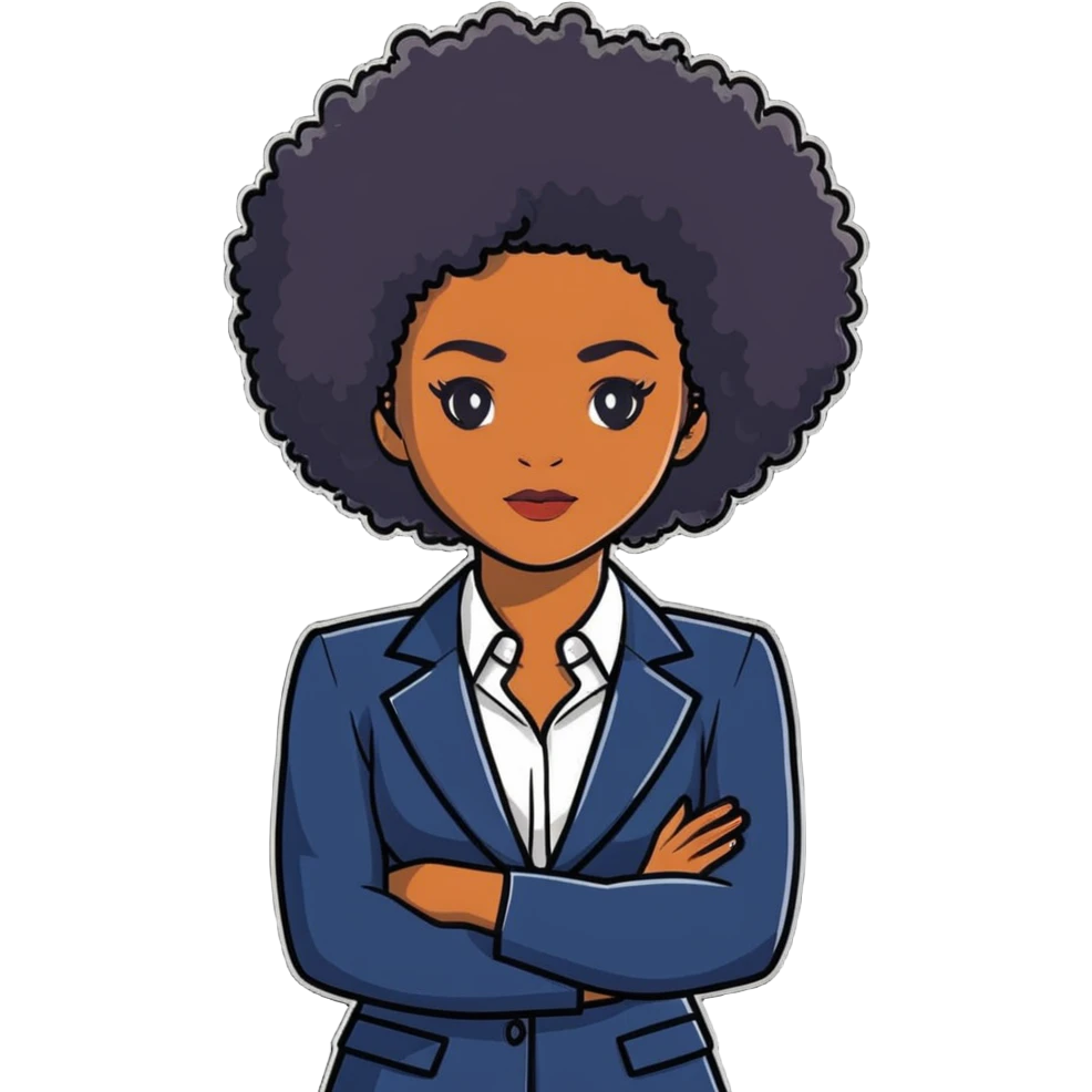 Elegant African career woman with natural curly afro hair, corporate outfit, professional demeanor emoji