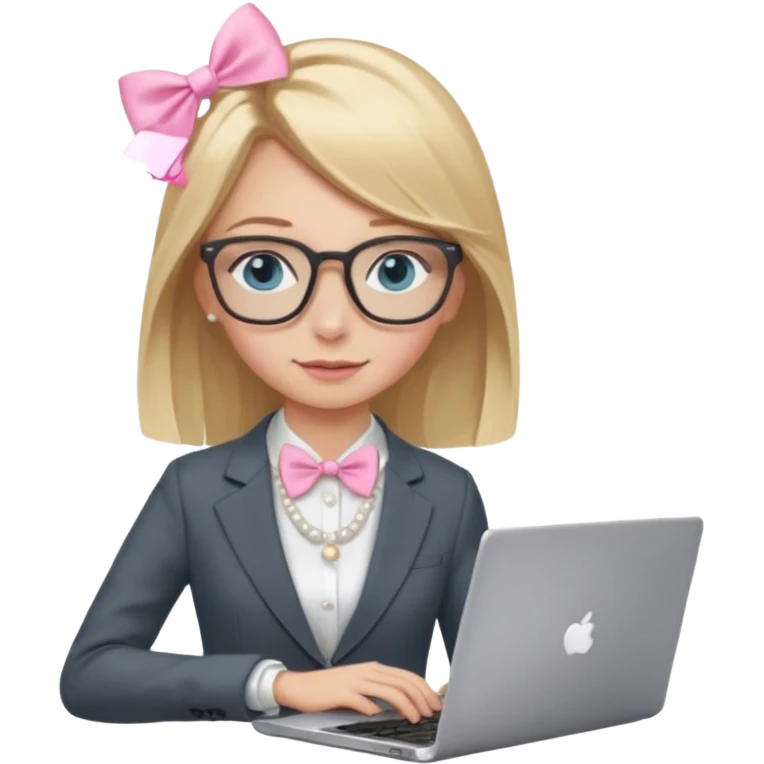 Please take the girl with laptop emoji and make her glassess light brown, her eyes ocean blue and her nose a bit smaller and pointier and she has blonde very long hair and a dark grey suit and pearls necklace, and has a laptop in fron of her and a tiny pink bow on the left side of her head emoji