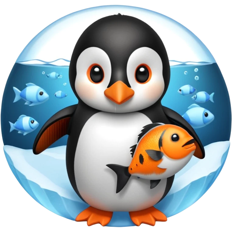 A cute penguin doll holding an orange fish doll in its hands.
A house of ice behind it. emoji