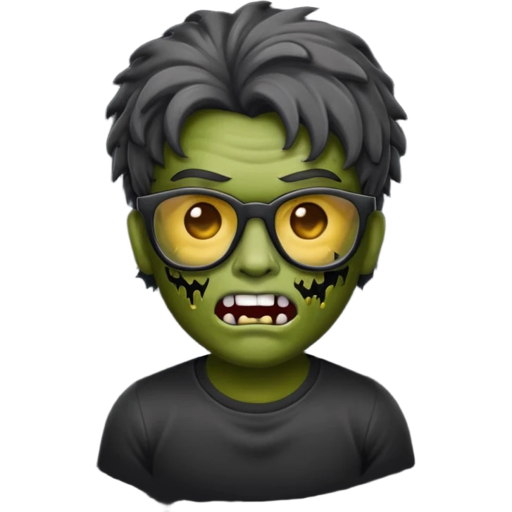 Crie um zumbi estilo emoji do iPhone com cabelo ondulado grande masculino com camiseta preta e óculos de grau preto emoji