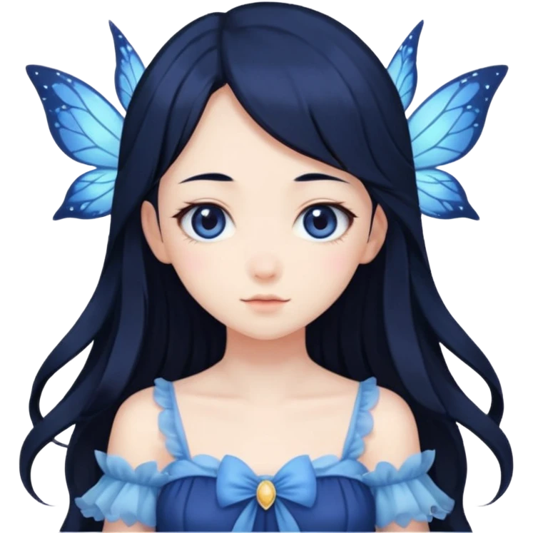 Gothic anime fairy with long beautiful black hair and dark blue dress, pastelcore, emoji