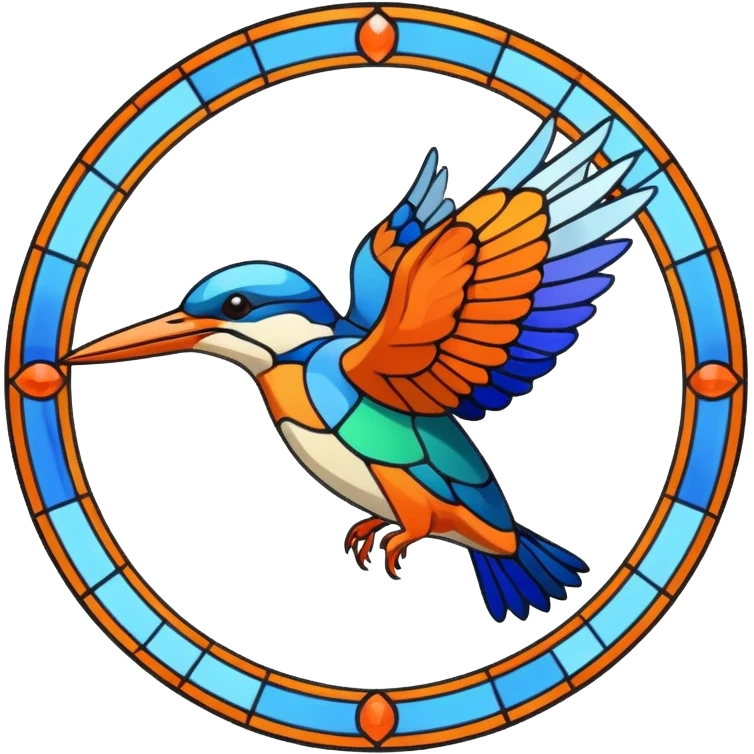 Create an abstract outline of flying kingfisher. Do make it too detailed but make it recognizable. Keep the number of colors limited to only 5 distinct colors.  emoji