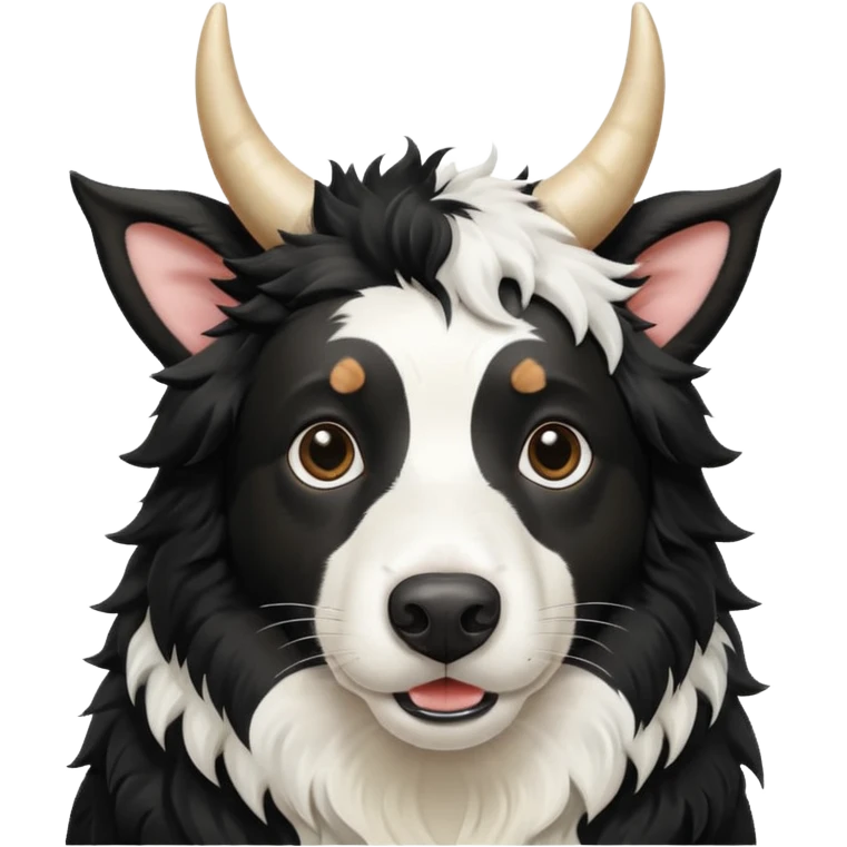 A black and white border collie with cow's horns. emoji