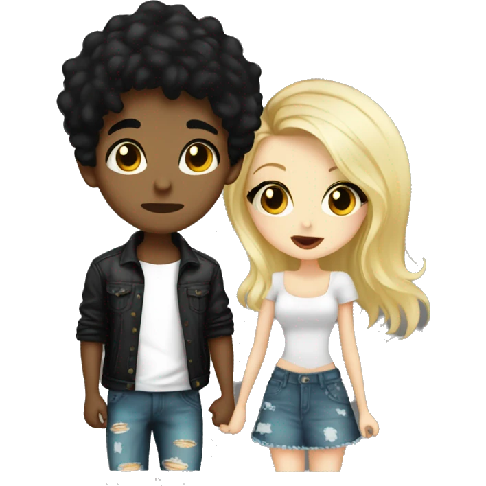 Fashion boy with black hair tatto on face kiss blonde cute girl emoji