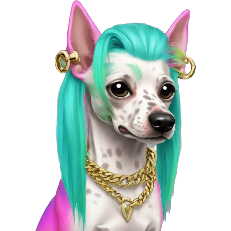 Punk tropical Chinese crested dog neon rainbow cyan green pink hair gold chain punk piercings tattoos punk ear piercings emoji