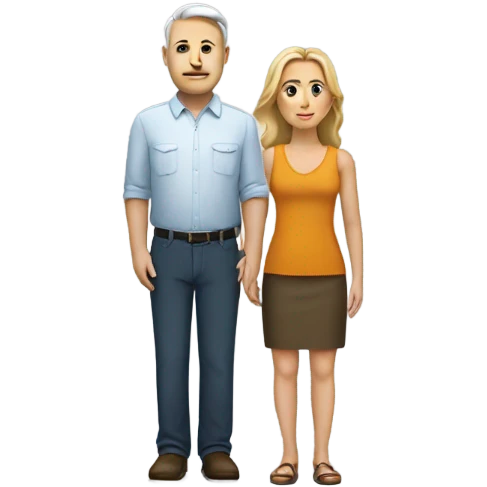 white woman standing next to a large white man emoji