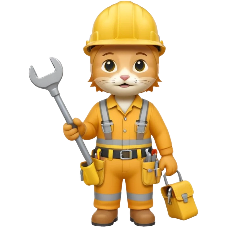 orange tabby cat wearing yellow hard hat holding tiny wrench, standing upright with tool belt, 3D emoji style emoji