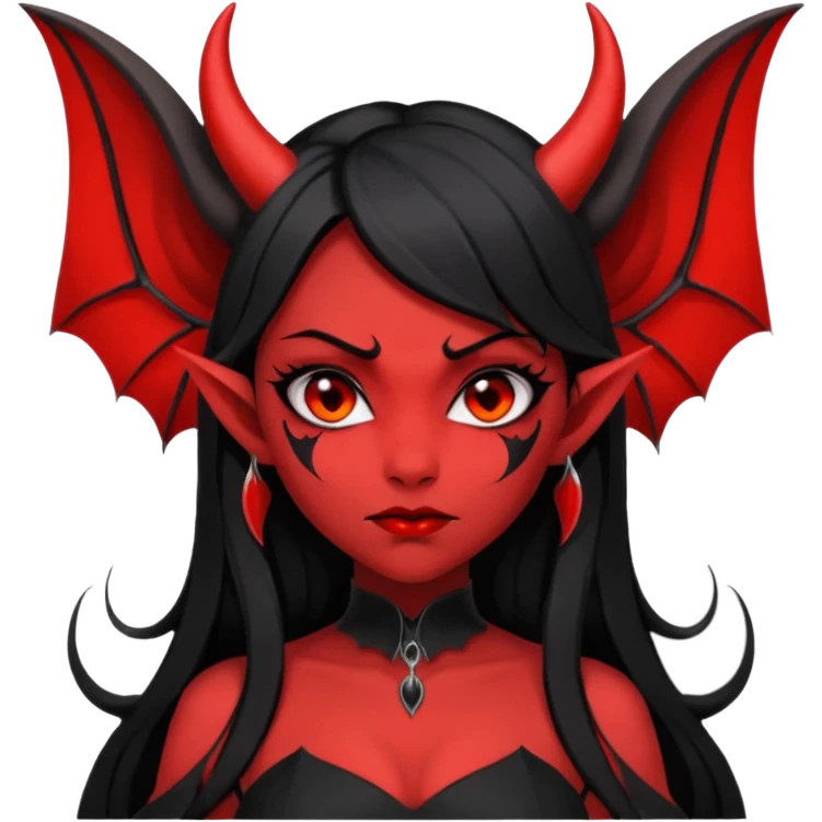 demon girl, skin red , black long hair, small horns, pointed ears, bat wing, black open-back dress, bold black outlines, red+black palette emoji