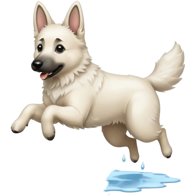 White belgian Shepard jumping over Rain puddles. There is a rainbow in the sky emoji