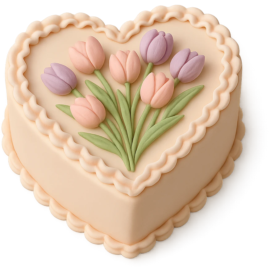 heart-shaped fondant cake with piped tulips emoji
