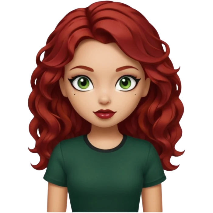 a pretty fair bratz girl with wavy dark red hair, wearing a black tee. eyeliner on, forest green eyes. Waist up emoji