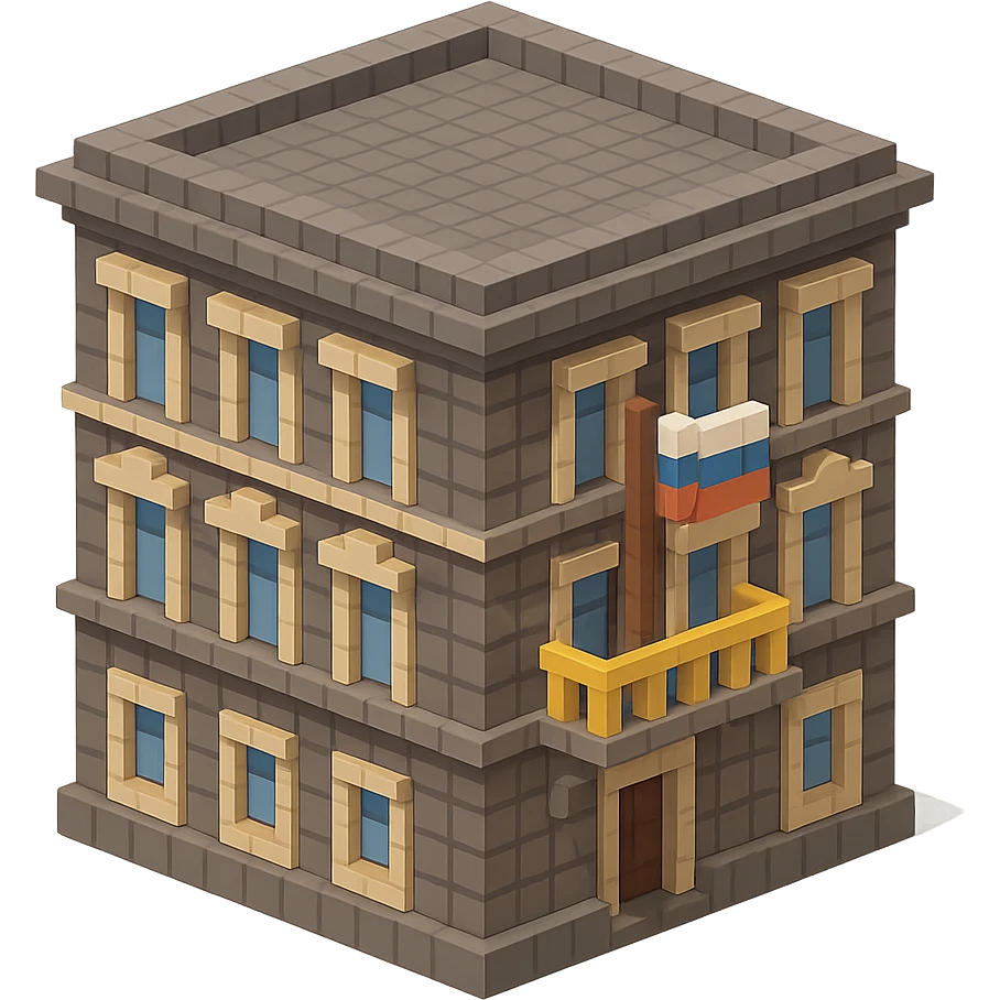 old Saint Petersburg building in voxel style, gray-brown tones, Russian flag on a small flagpole attached to a balcony, isometric view emoji