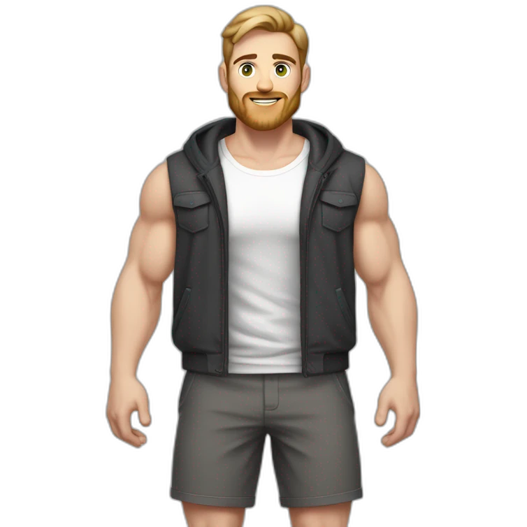 Full height Pale skinned fit man With biceps, Realistic eyes and mouth, light brown hair and stubble In dark gray sleeveless mike, black oversize sports shorts, watch and white sneakers. emoji