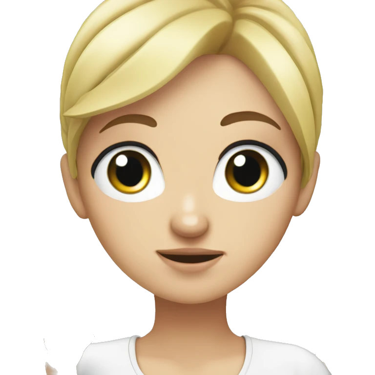 White girl, blonde, with blue eyes, rubs her head whith hands on which there are onion sprouts emoji