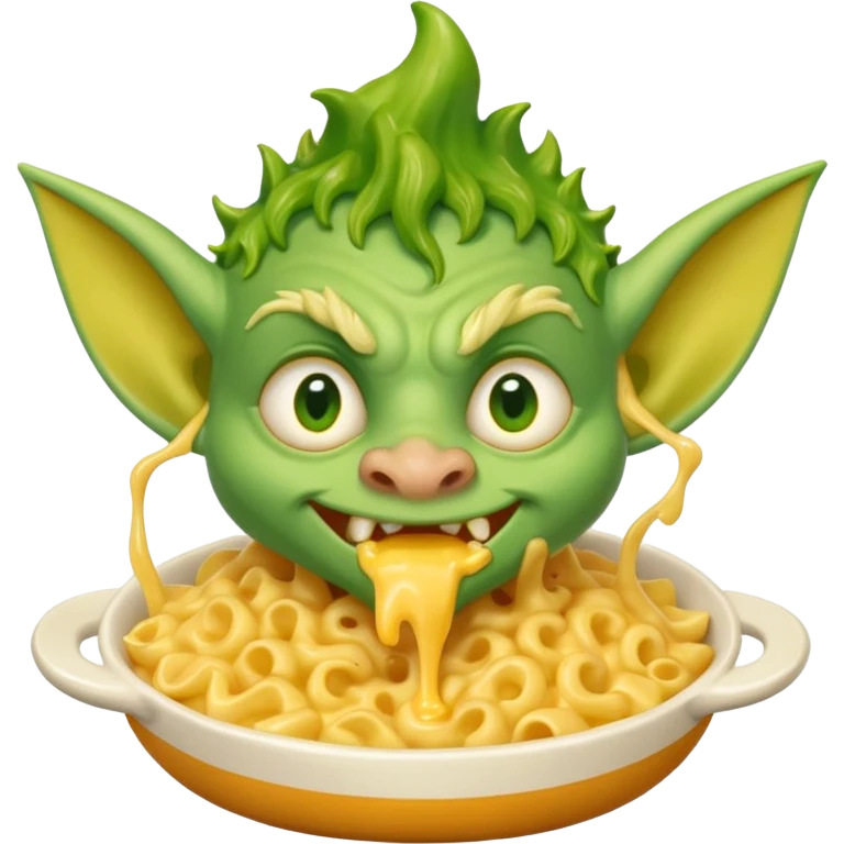 cheddar goblin with green ears and green skin, underbite, macaroni and cheese dripping from mouth, yellow eyes, narrow pointy nose emoji