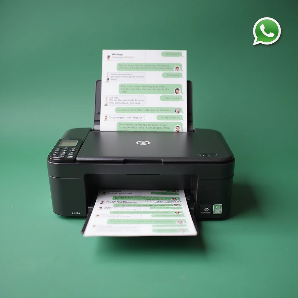 realistic thumbnail image for a WhatsApp print out service, featuring a printer outputting several pages of WhatsApp chat messages, with a phone and WhatsApp logo visible emoji