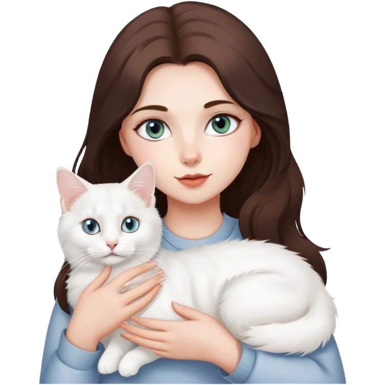Brunette girl holding white Turkish angora cat with heterochromia emoji