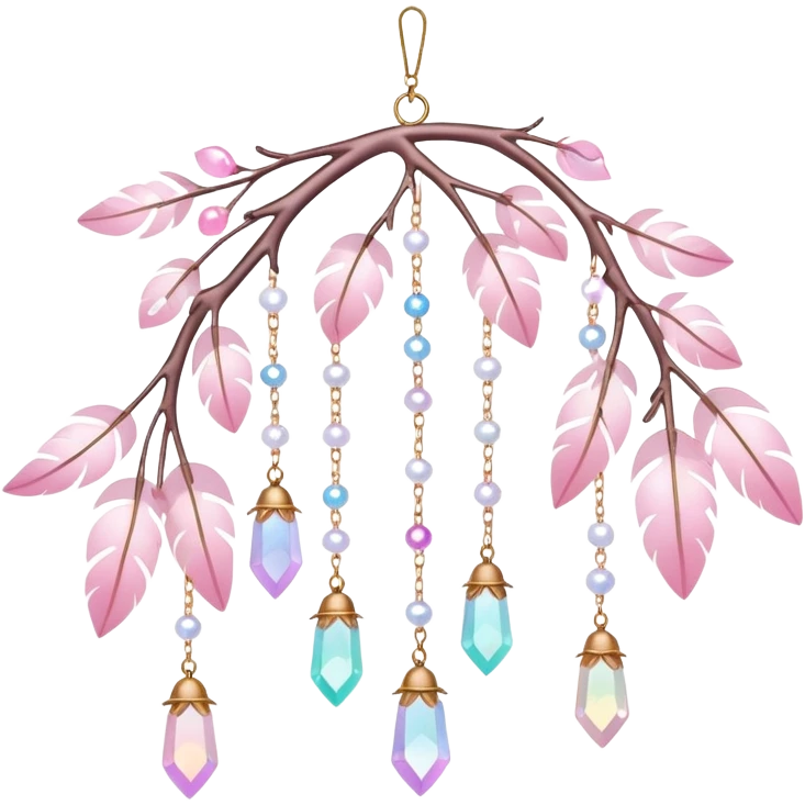 Hanging Iridescent pastel pink sakura crystals white-pearly suncatcher with bells and feathers emoji