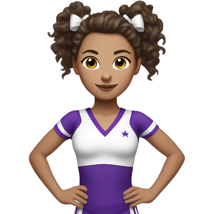 Brunette Cheerleader in white  and purple, curly hair in a high ponytail with a white and purple bow. Medium skin tone  emoji