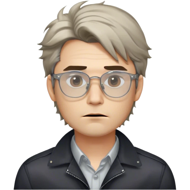The person (male) has a sharp jawline, with hollow cheeks ,slightly messy hair falling over their forehead. They are wearing transparent glasses with a , a collared shirt, and a dark jacket. Their lips are slightly pursed, and they have a calm, neutral expression.
 emoji