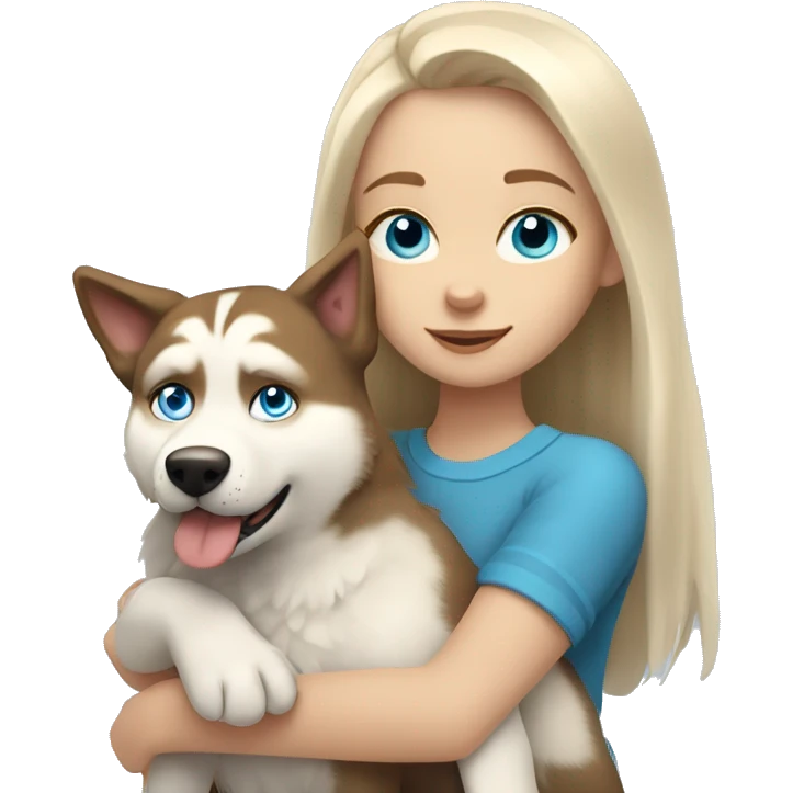 a girl with blue eyes and light-blond hair hugs a husky dog ​​with brown eyes emoji