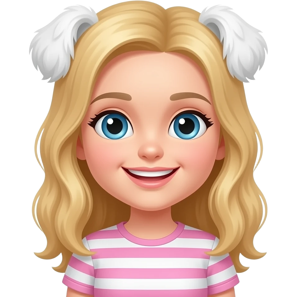 Blondie teenage girl smiling with white Shitzu that has pink stripes emoji