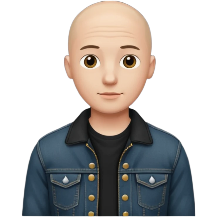  a young man with bald head, black jeans jacket emoji