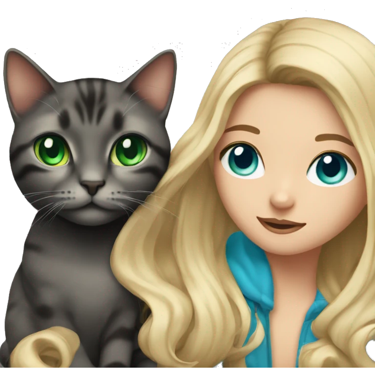 girl with blue eyes, with flowing blond hair with black tabby cat with green eyes emoji