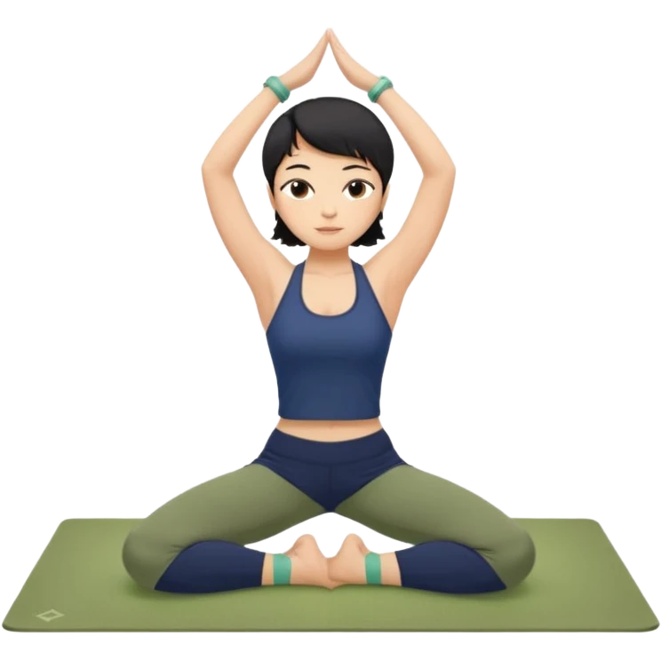 키는 작은편이고 앞머리 없는 단발머리야. 옆머리는 있고 요가를 좋아해. 남색 홀터넥을 많이 입고 민트색 요가바지를 자주 입어. 머리색은 검정색이고 하타요가를 좋아해. 바지색은 연한 연두색이고 요가매트는 카키색이야. 시르사파다 자세를 하고 있어. emoji