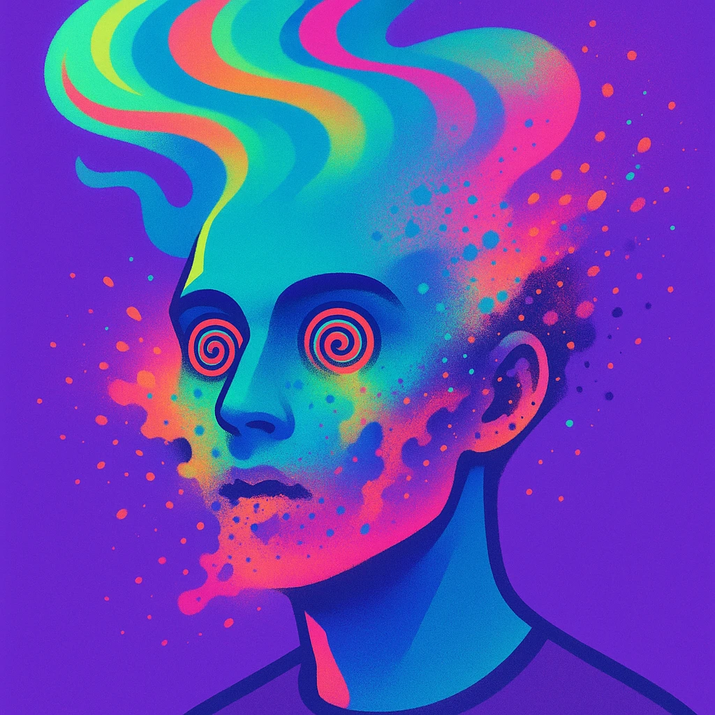 surreal portrait of a person with neon skin, face dissolving in an explosion of colors, airbrush effect, hair as swirling liquid color streams like northern lights, hypnotic spiral eyes, geometric elements along face contour, paint particles flying away, acid purple, turquoise, and electric pink blending, sense of movement emoji