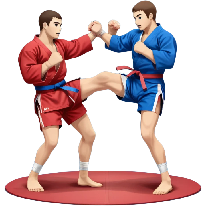 Two Sambo fighters in blue and red kimonos, with shorts and wrestling shoes, performing grappling and throwing techniques. The background shows a wrestling mat and an intense, focused atmosphere. Transparent background highlights the fluidity and skill of the sport without strikes. emoji