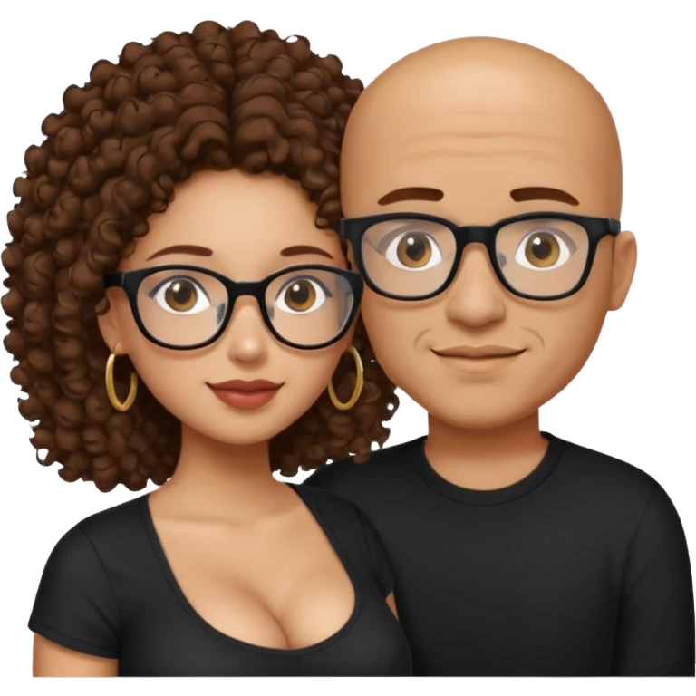 A mixed girl with rectangle glasses, the girl is wearing a black shirt, the girl has brown curly hair  and the girl has big boobs. A Mexican man is embracing her, with black bald hair  emoji