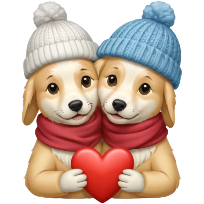 2 English cream golden retrievers cuddling with winter hats and heart in between them. Make them pale dogs  emoji