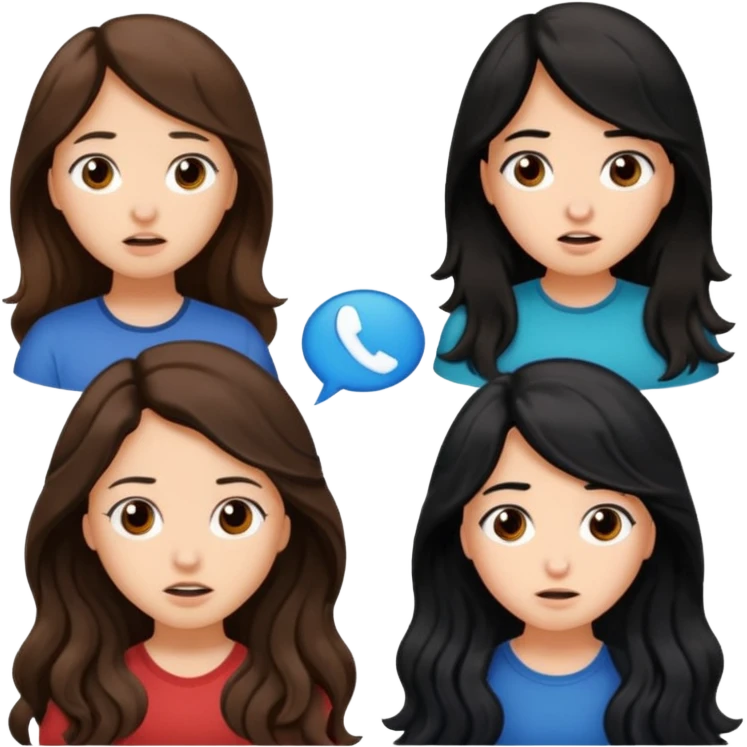 

 
Two girls are talking; one girl who have a ling wayv brown hair looks confused with question , while the other girl with long black hair explains something.  emoji