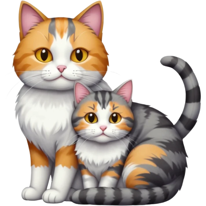 full body colourful light patched calico + white tabby cat cuddling a bigger cat that is dark grey and white tabby cat  emoji