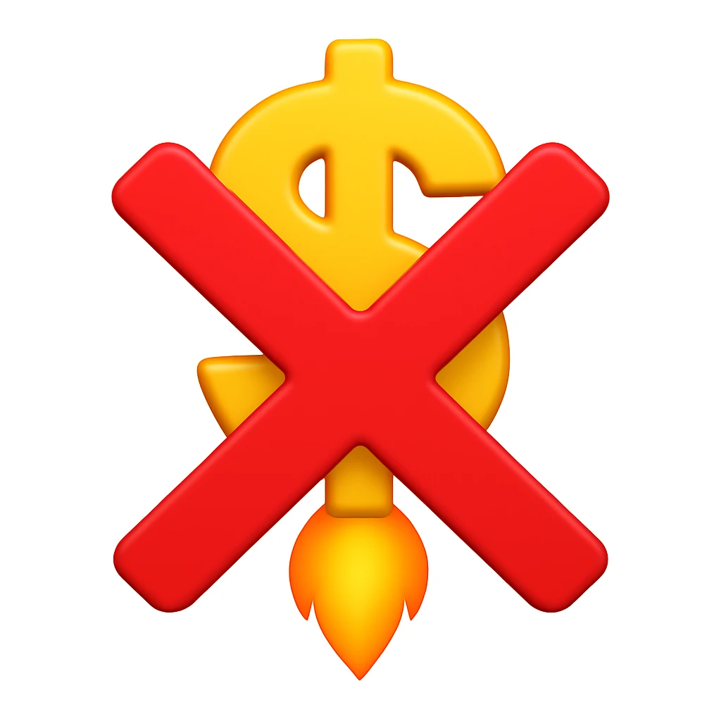 Replace the bill in the image with a money sign emoji, keep the large X cross in front, and keep the flame at the bottom as if the money sign is about to launch. The style should be emoji style. emoji