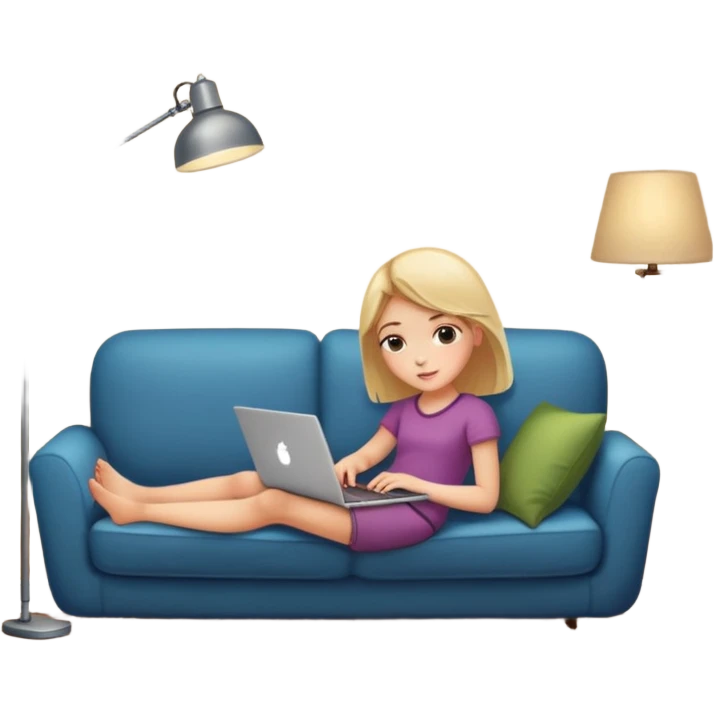A girl is working with a laptop while lying on a sofa, with a floor lamp to the right. emoji