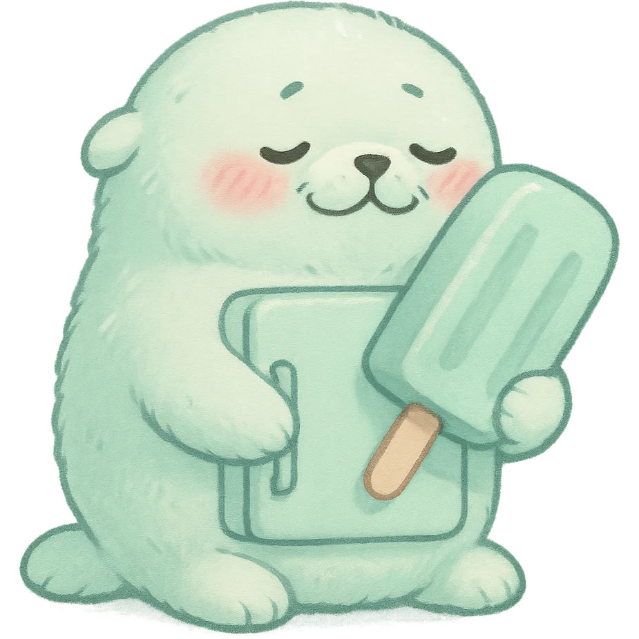 soft fluffy seal as a tiny refrigerator, hugging a popsicle, blushing, soft mint palette, full-body emoji