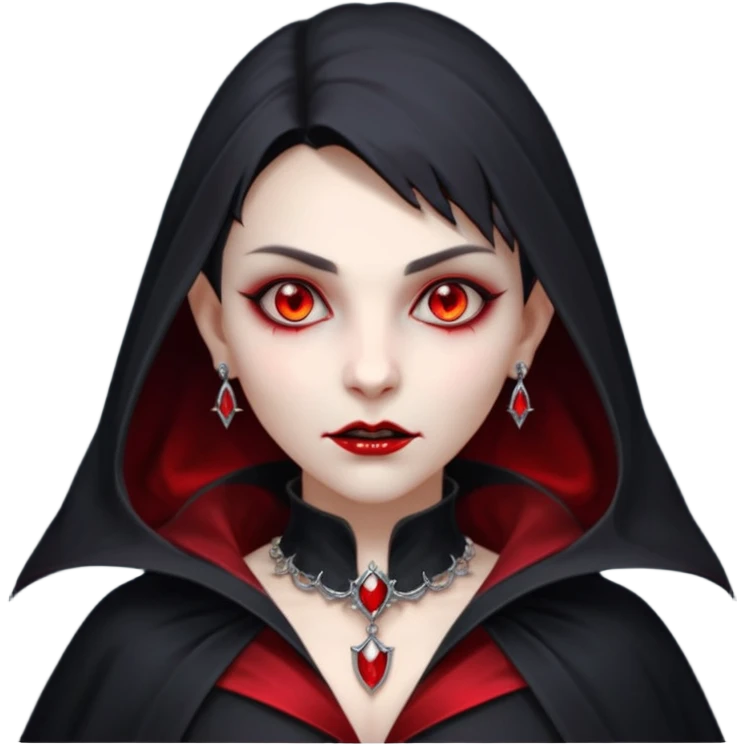vampire village woman portrait, head and shoulders only, dark gothic cloak collar, sharp fangs, red glowing eyes, elegant yet eerie expression, subtle jewelry, 3D cartoon, mobile game icon style, clean background, no text, no watermark emoji