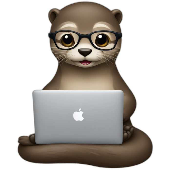 female otter with glasses use a macbook while seated against a pillow emoji