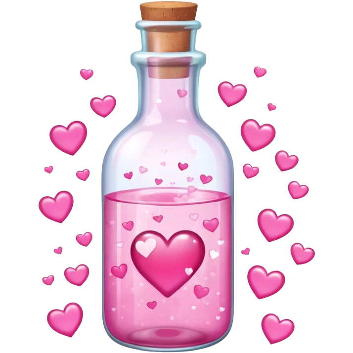 love spell. A cartoon a cute glass bottle with pink liquid, labeled “obsessed”, with hearts and sparkles swirling around. emoji