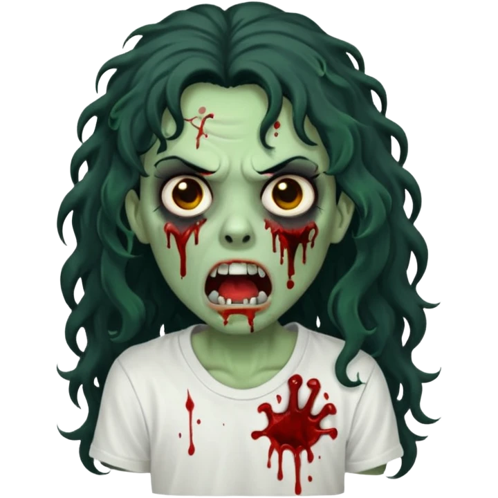 a zombie with long curly black hair volumoso, brown eyes, a white t-shirt and a splash of blood on her t-shirt, mouth open like a zombie, green skin color, not much expression, no drawing on shirt, no hands showing, less blood on her face, less blood, black hair and black eyes emoji