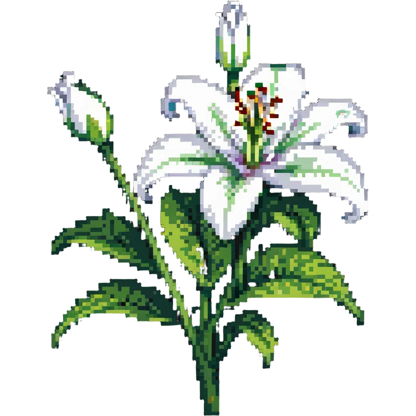 white lily flower with six petals, bud, and green leaves emoji