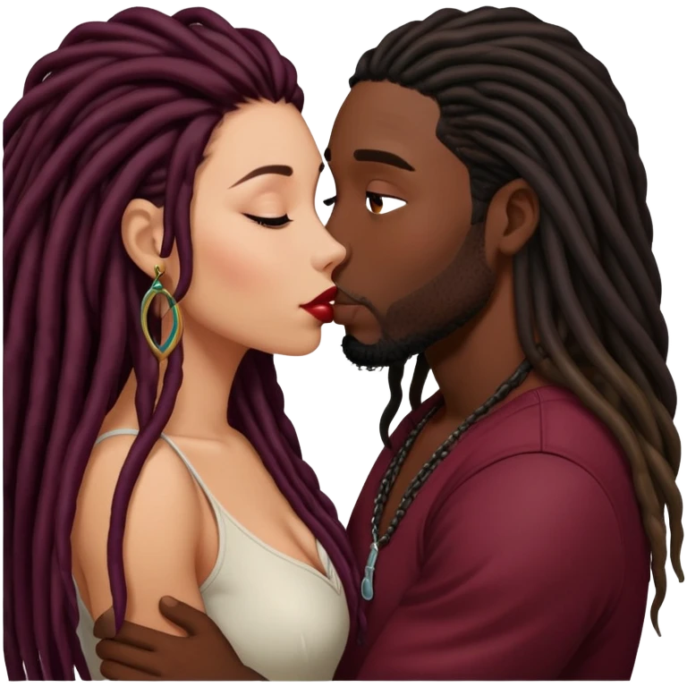 Dark Wine colored hair Latina long hair, kissing black guy with dreads emoji